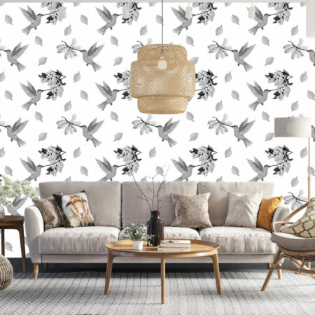 Fresque murale motif colibri vintage pas cher salon - gris