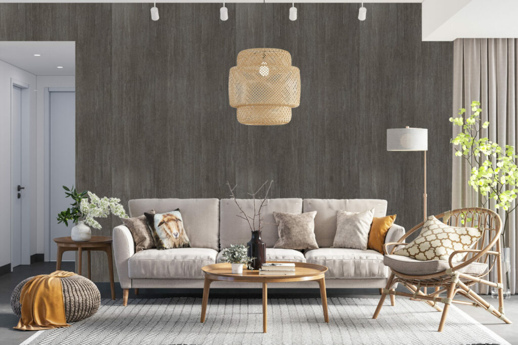 papier peint trompe l'oeil bois foncé personnalisable pas cher pièce de vie