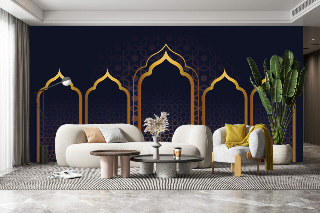 tapisserie murale panoramique oriental haut de gamme salon - bleu