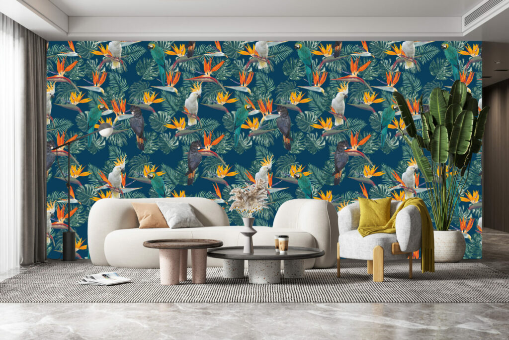 tapisserie autocollante motif design dense de perroquet tropicaux petit prix maison