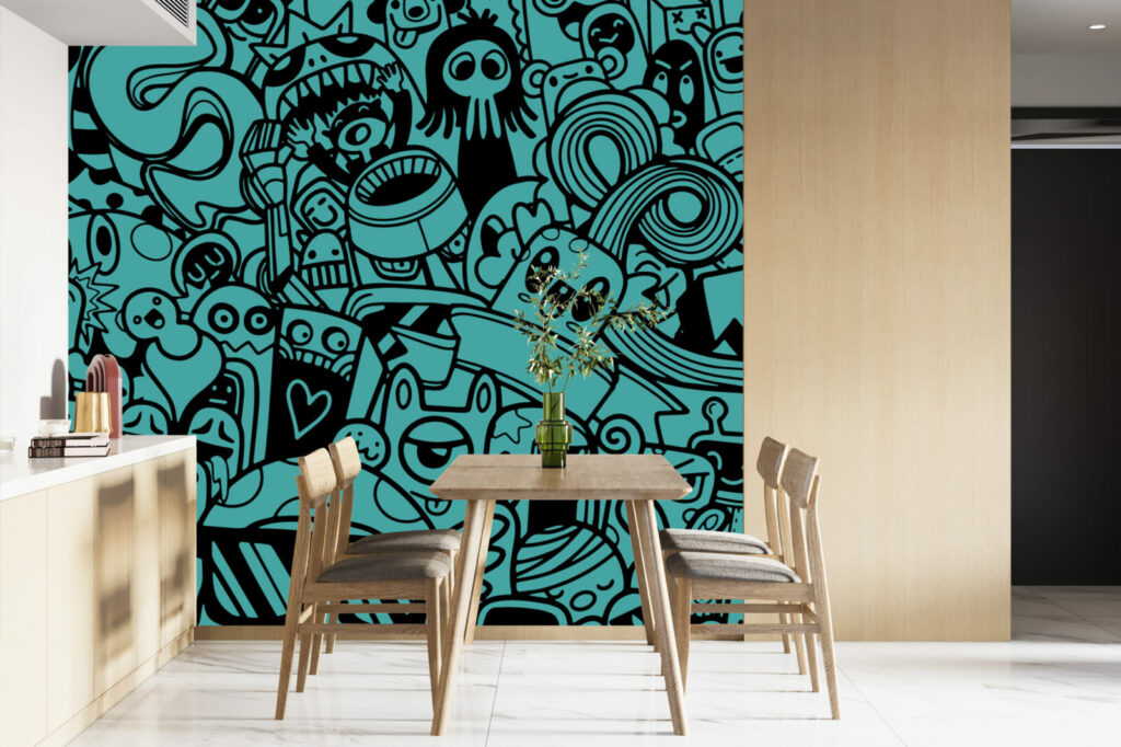 papier peint tendance collection style doodle mignon salle à manger - turquoise