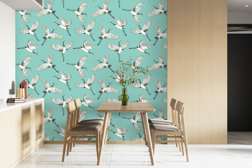papier peint grues japonisantes haut de gamme salle à manger - turquoise