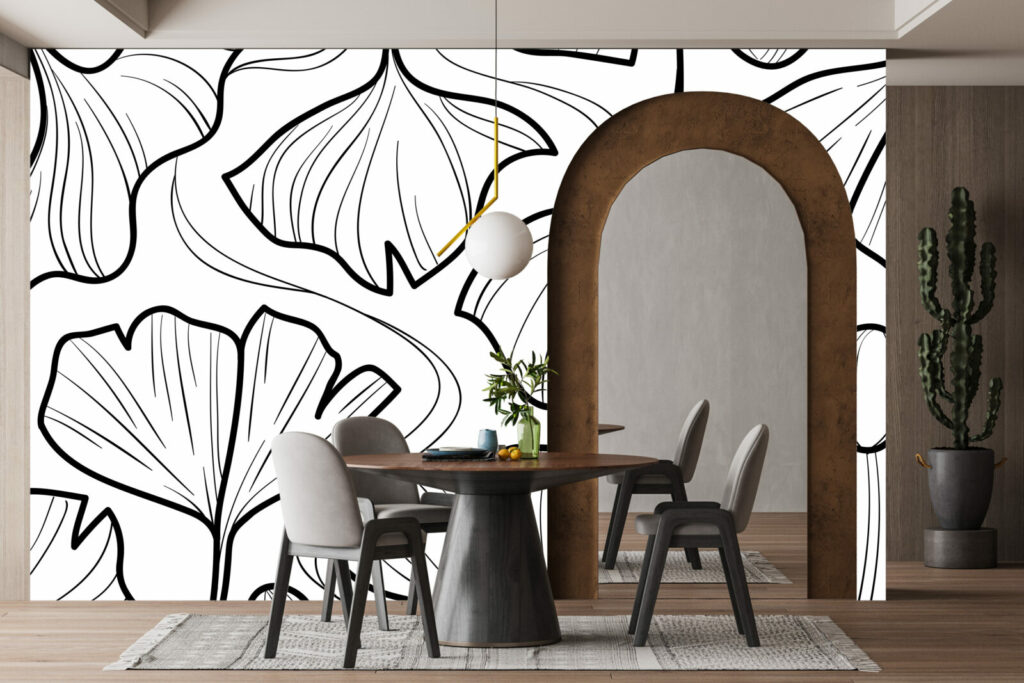 Papier peint intissé sur mesure ginko japonisant moderne salle à manger noir