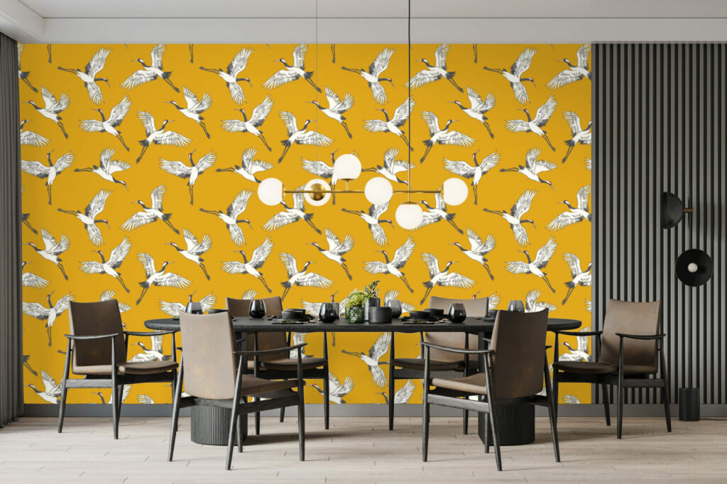 papier peint grues japonisantes haut de gamme -salle à manger ocre