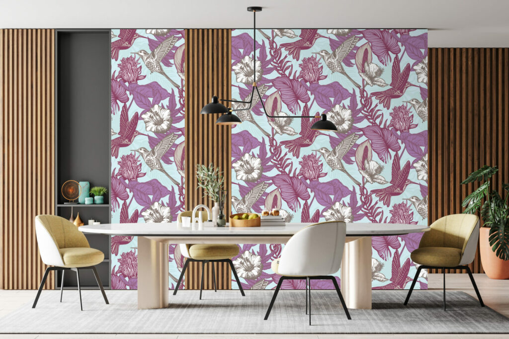 vinyles mural pré encollé colibri floral tendance et moderne au meilleurs prix salle à manger rose mauve vert