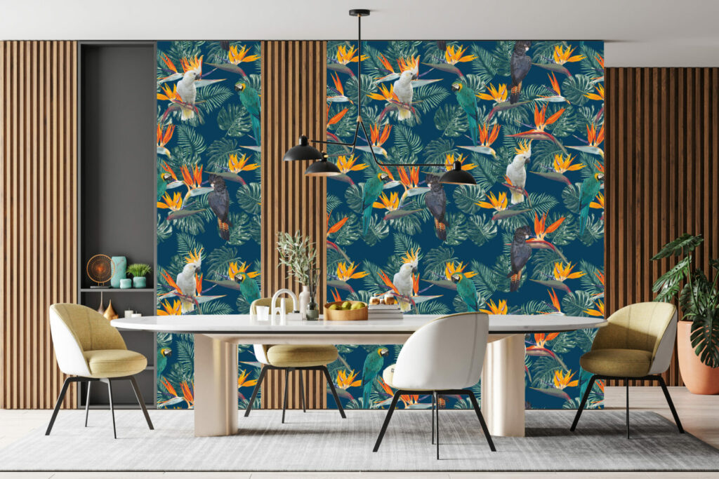 tapisserie autocollante motif design dense de perroquet tropicaux petit prix salle à manger