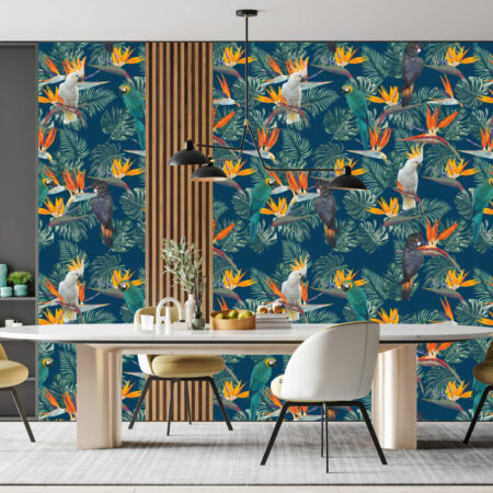tapisserie autocollante motif design dense de perroquet tropicaux petit prix salle à manger