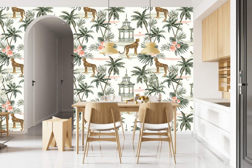 papier peint design motif jungle tropical pas cher salle à manger - vert rose