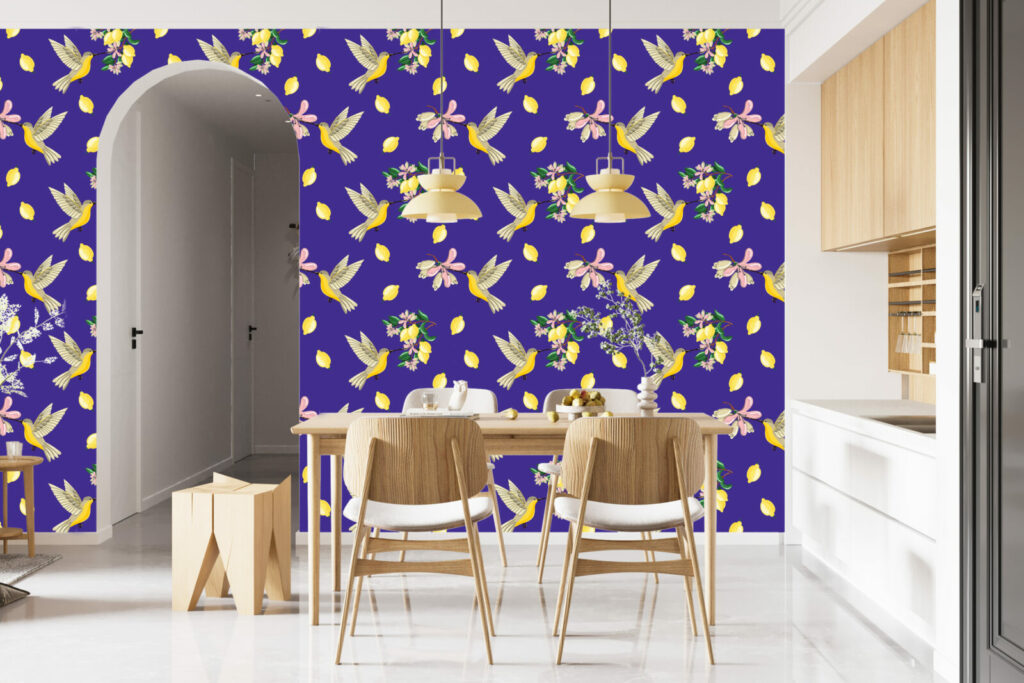 Fresque murale motif colibri vintage pas cher salle à manger - violet beige