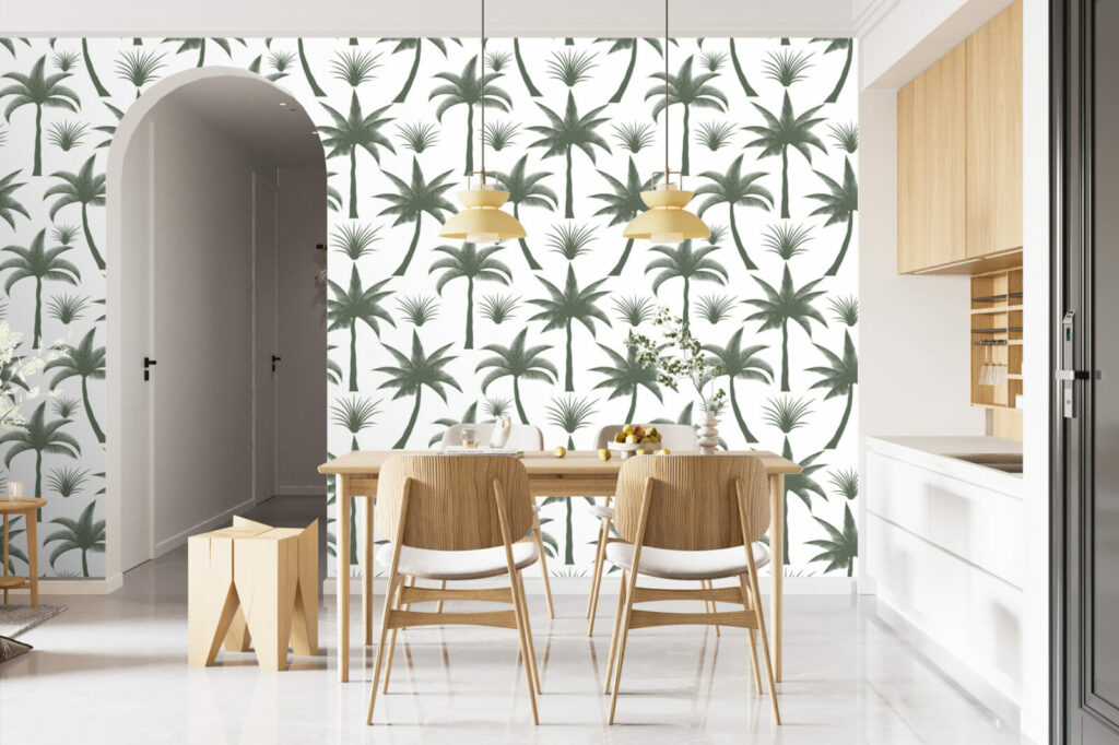 Papier peint personnalisable cocotier tropical a encoller salle à manger - kaki