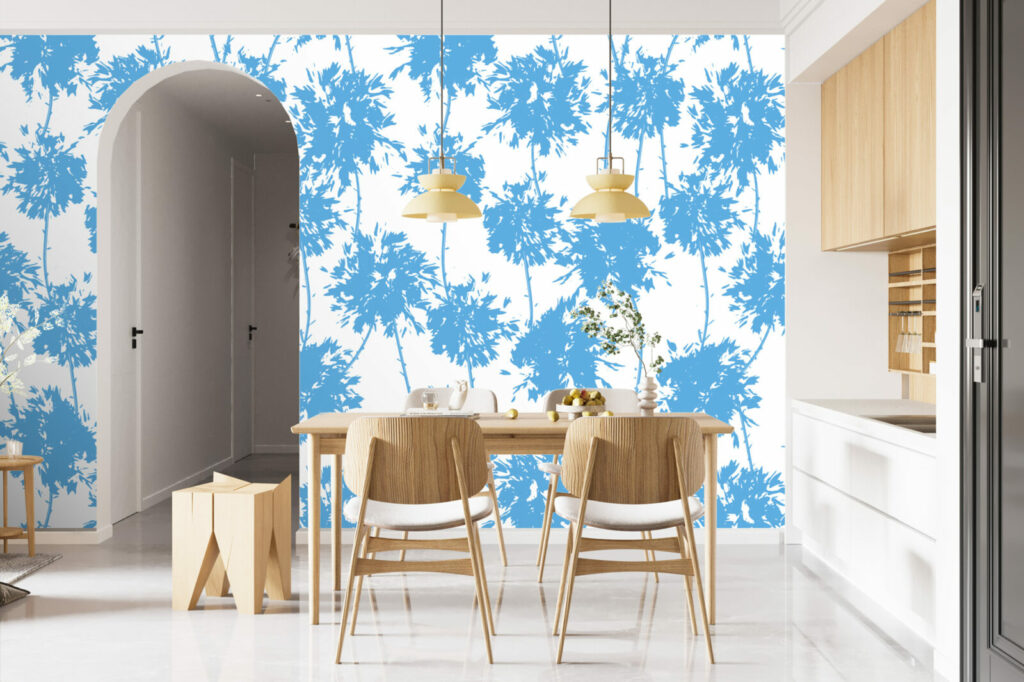 Papier peint pré encoller arbres abstrait salle à manger - bleu