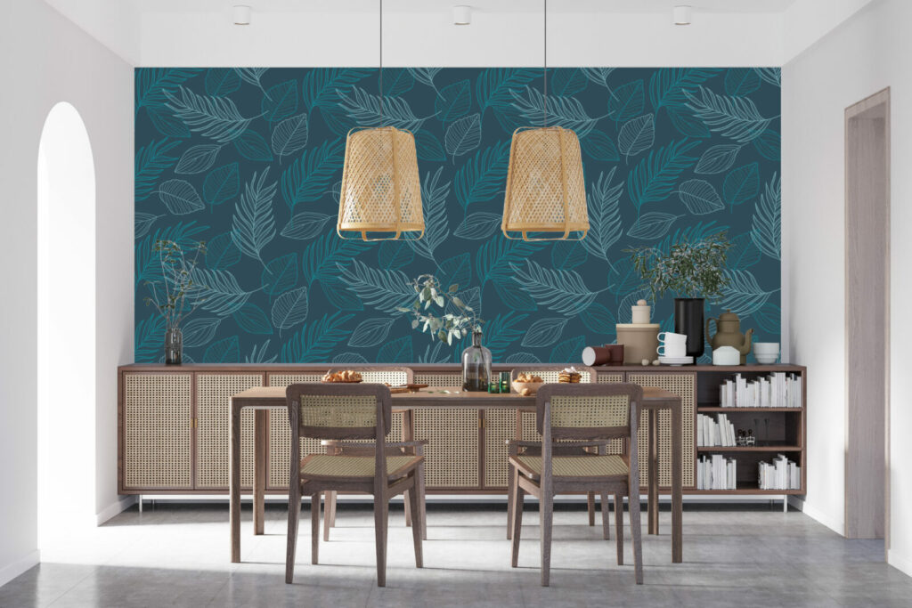 Tapisserie maison feuillage automne personnalisé salle à manger - bleu