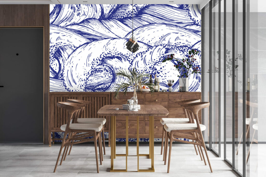 papier peint intissé vague japonisante moderne sur-mesure livraison rapide salle à manger