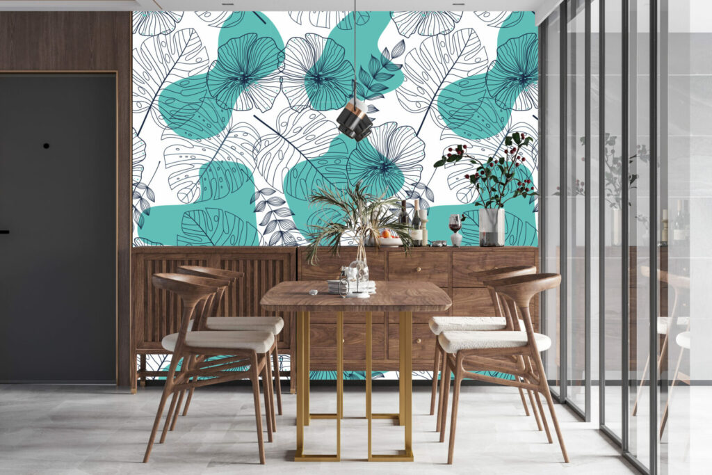 papier peint floral tropical aquarelle personnalisable salle à manger - turquoise