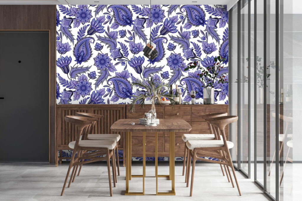 papier peint déco mural floral intense chic salle à manger - bleu