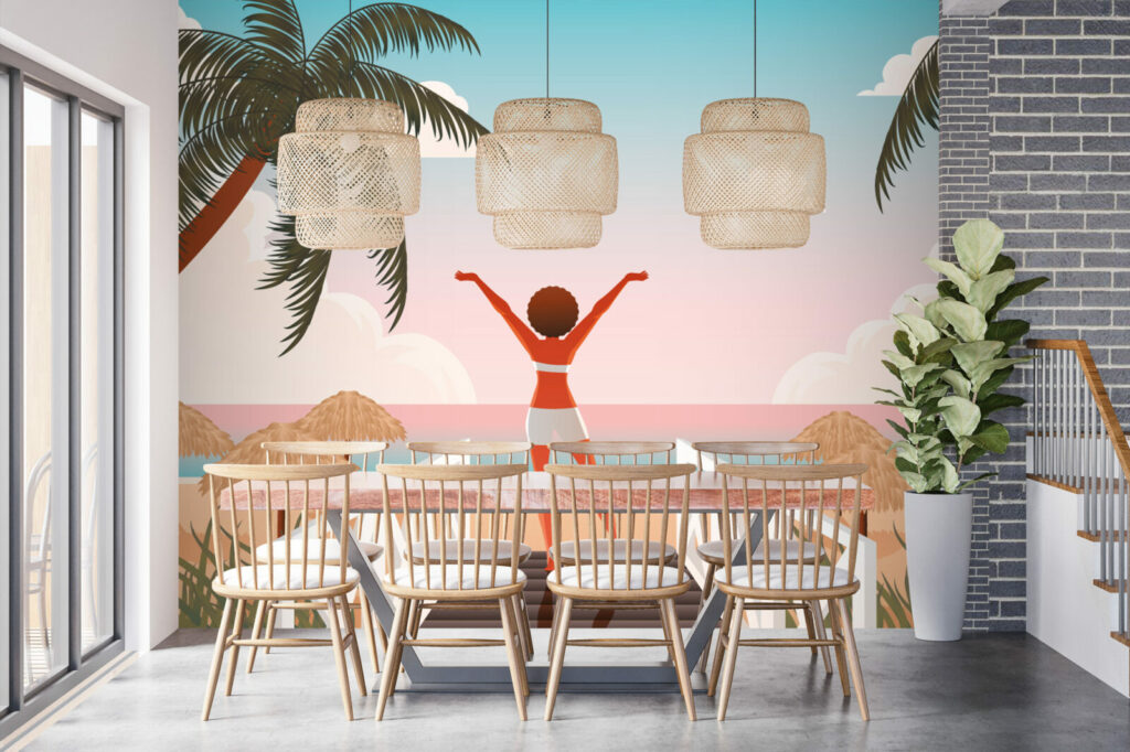 livraison rapide tapisserie fresque murale retro pop plage été Grèce sur-mesure haut de gamme maison salle à manger