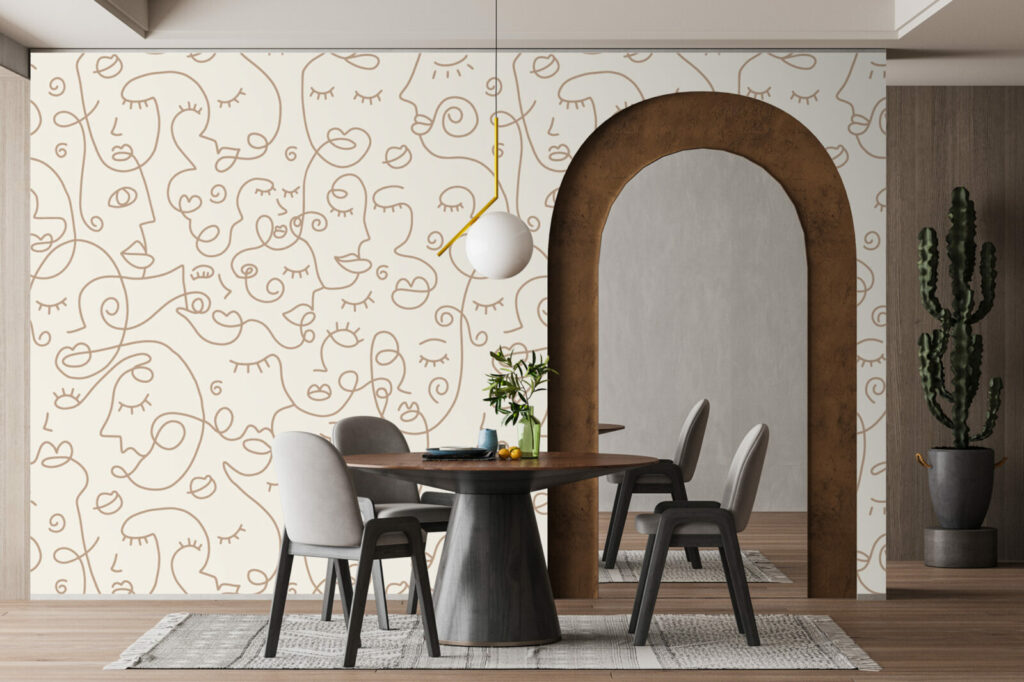 fresque murale motif portrait visage moderne abstrait salle à manger - beige