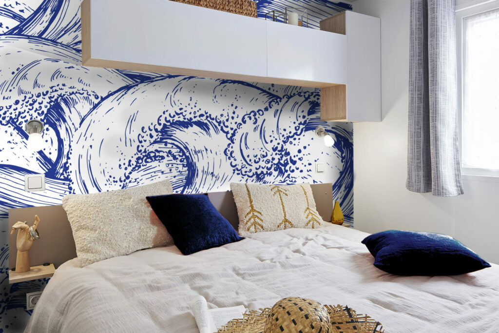 tapisserie à encoller vague japonisante moderne sur-mesure livraison rapide mobil home bleu