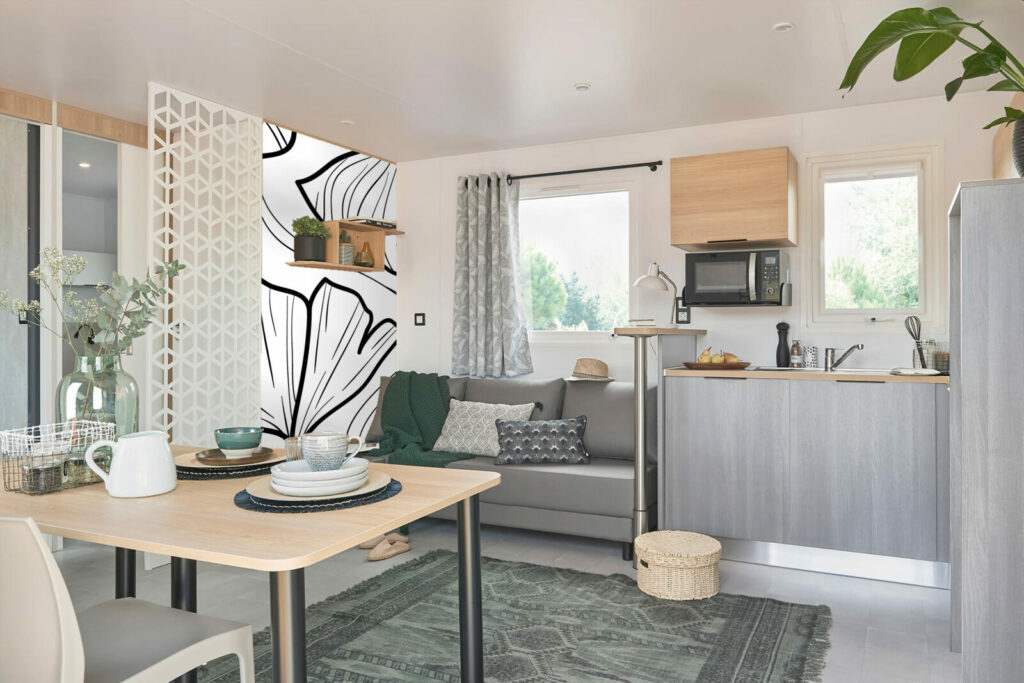 Papier peint intissé sur mesure ginko japonisant moderne mobil home blanc noir