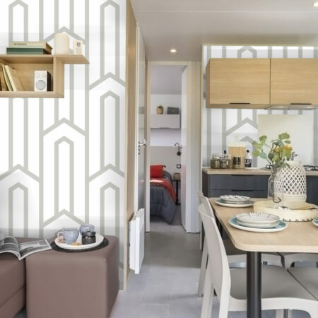 papier peint repositionnable motif géométrique à encoller abordable salle à manger mobil home beige