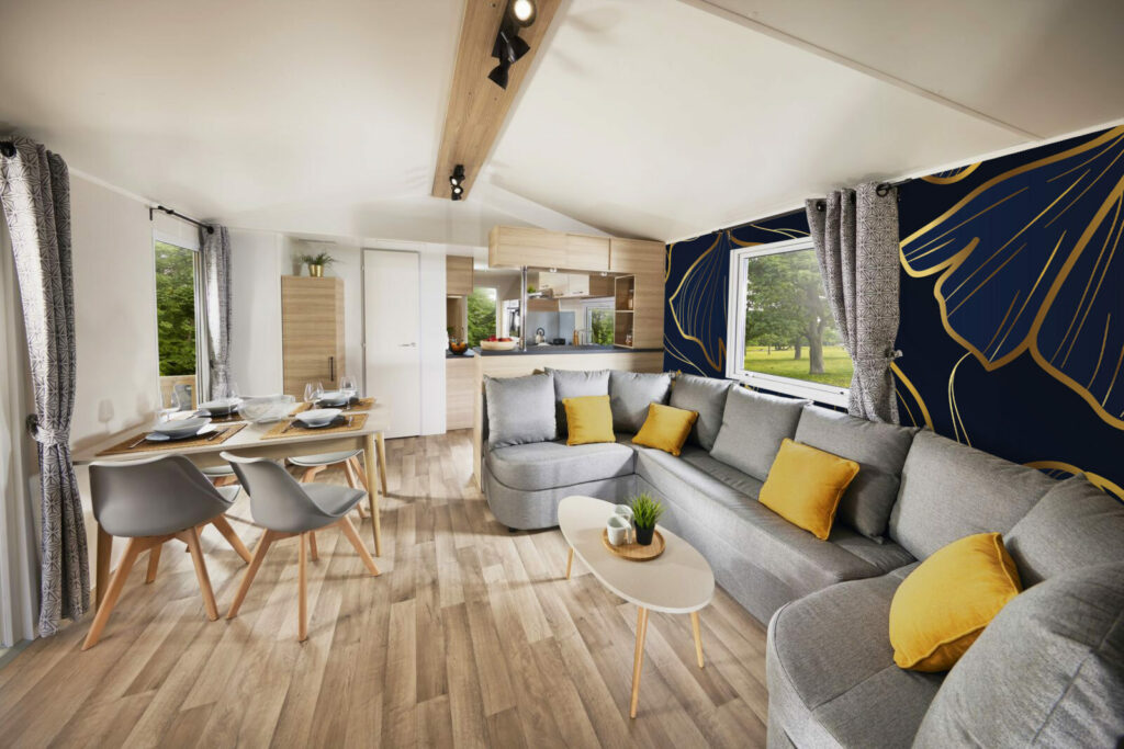 Papier peint intissé sur mesure ginko japonisant moderne mobil home bleu gold