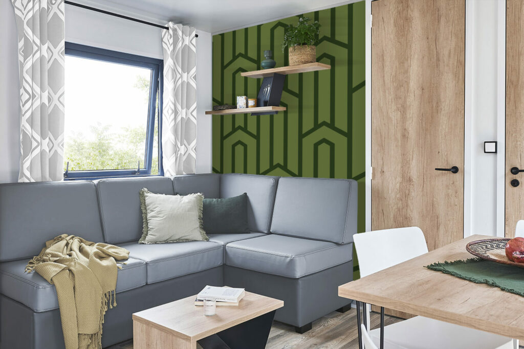 papier peint repositionnable motif géométrique à encoller abordable salle à manger mobil home