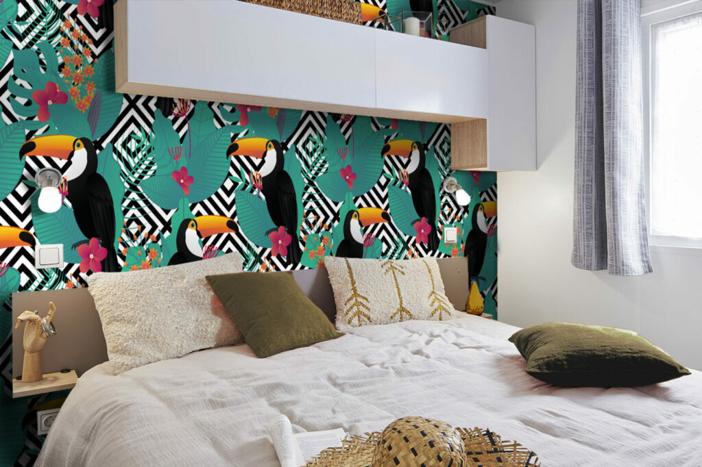 décoration murale autocollante motif toucan tropical design au meilleur prix chambre de mobil-home