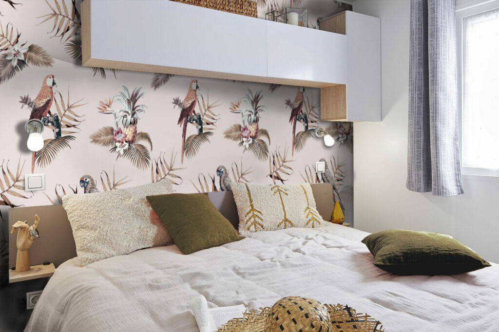 Papier peint pré encollé moderne et design perroquet jungle livraison gratuite chambre mobil-home