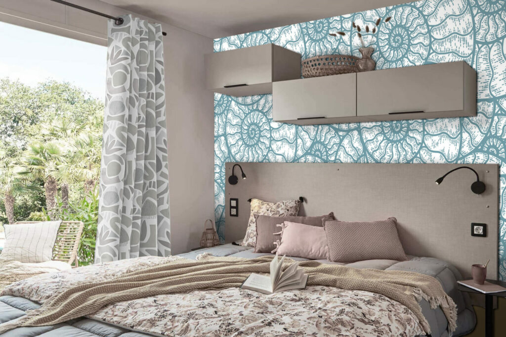 Papier peint à encollé pas cher audacieux escargot mobil home bleu