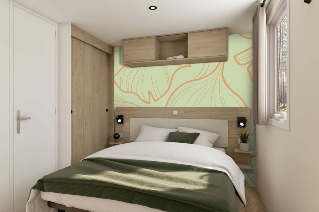 Papier peint intissé sur mesure ginko japonisant moderne mobil home vert pistache