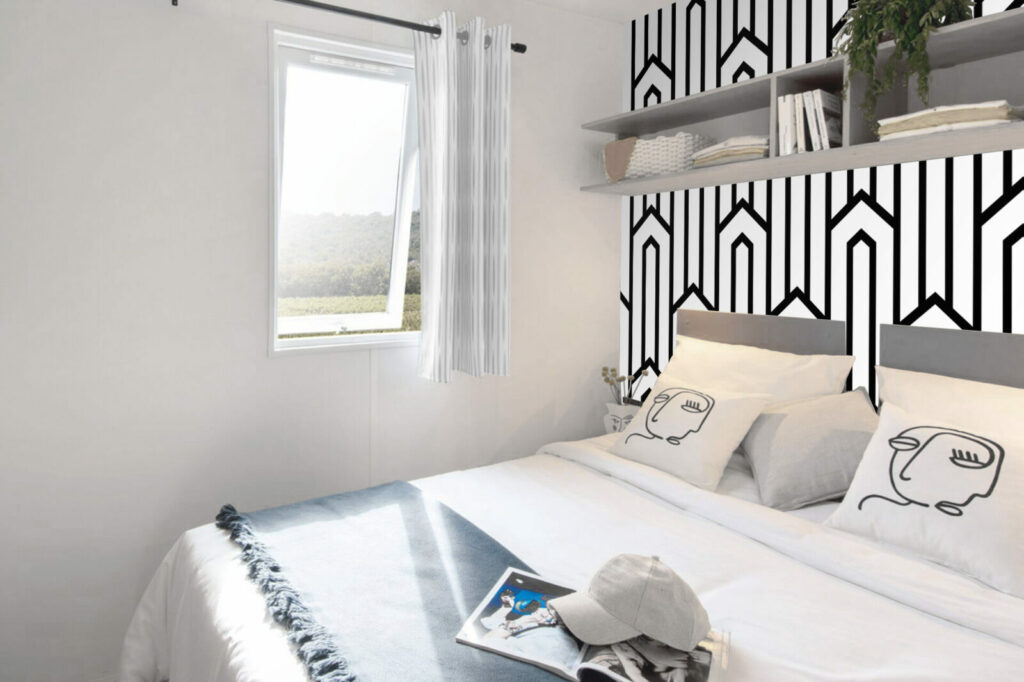 papier peint repositionnable motif géométrique à encoller abordable chambre mobil home noir