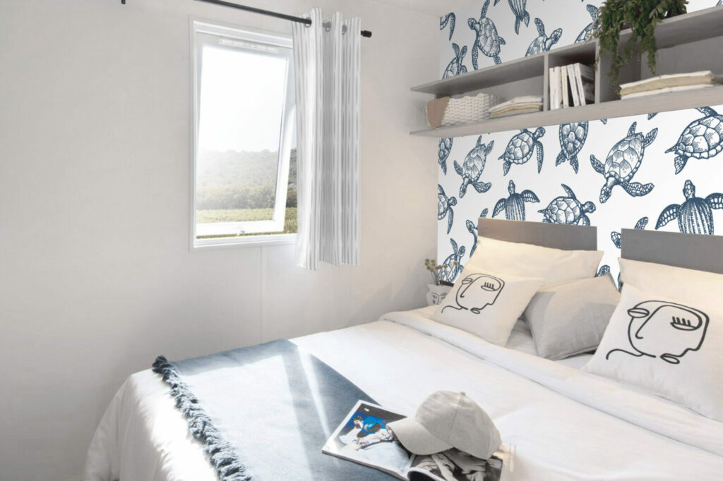 textile repositionnable motif tortue sur mesure pas cher chambre mobil home - bleu