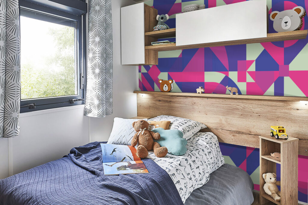 papier peint géométrique psychédélique original pas cher salon - bonne qualité - bleu rose