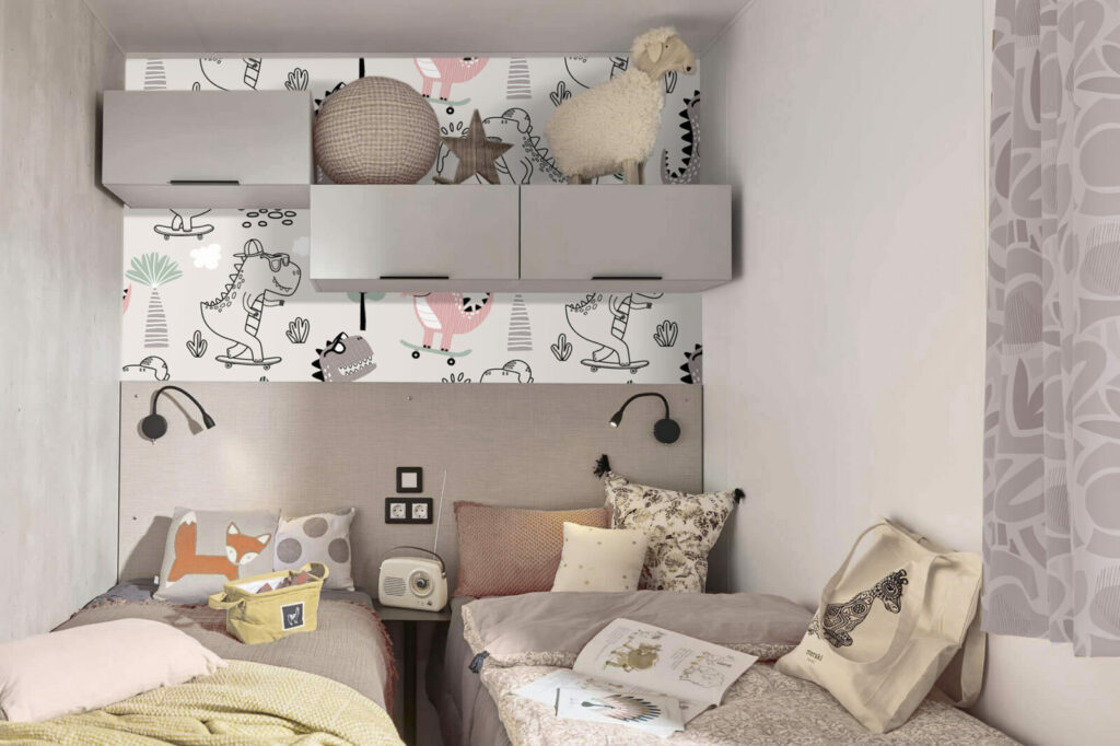 bon plan papier peint enfantin motif dinosaures cool et tendance sur mesure mobile home