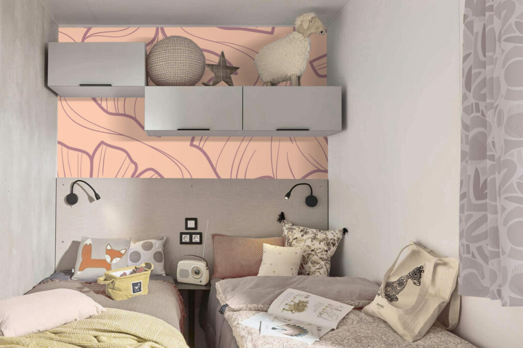 Papier peint intissé sur mesure ginko japonisant moderne mobil home rose mauve