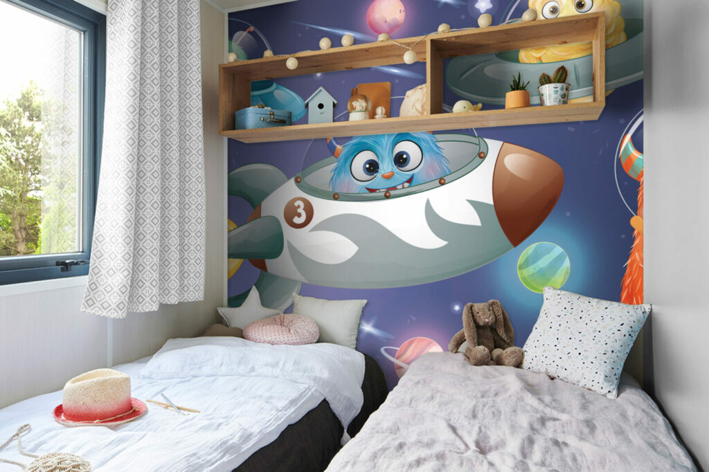 papier peint à encoller voyage dans l'espace avec les monstres mignon mobil home