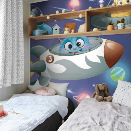 papier peint à encoller voyage dans l'espace avec les monstres mignon mobil home