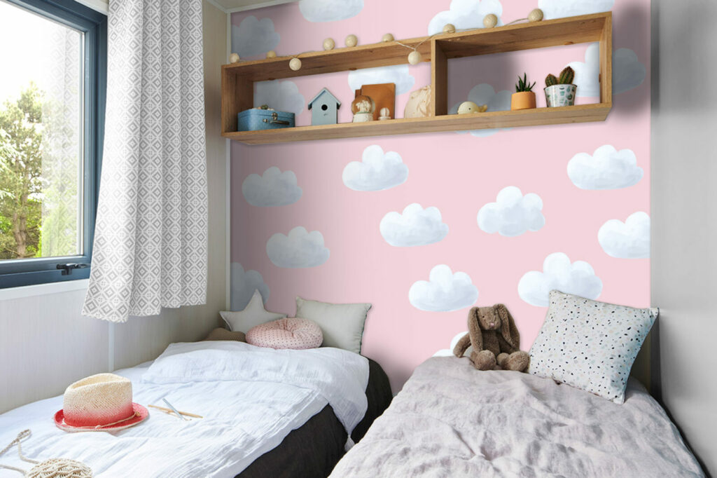 papier peint à encoller enfantin pas cher nuages mobil home chambre rose