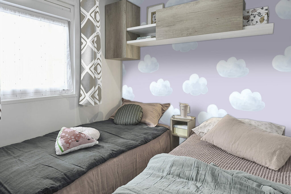 papier peint à encoller enfantin pas cher nuages mobil home chambre violet