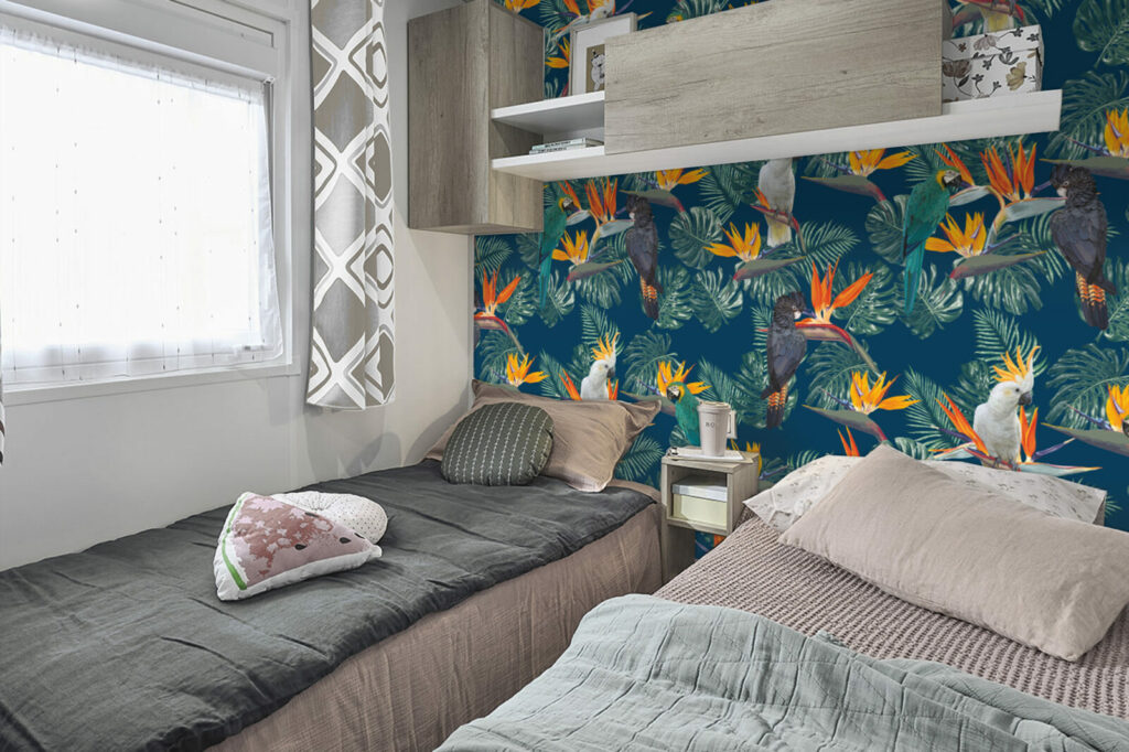 tapisserie autocollante motif design dense de perroquet tropicaux petit prix chambre de mobil home