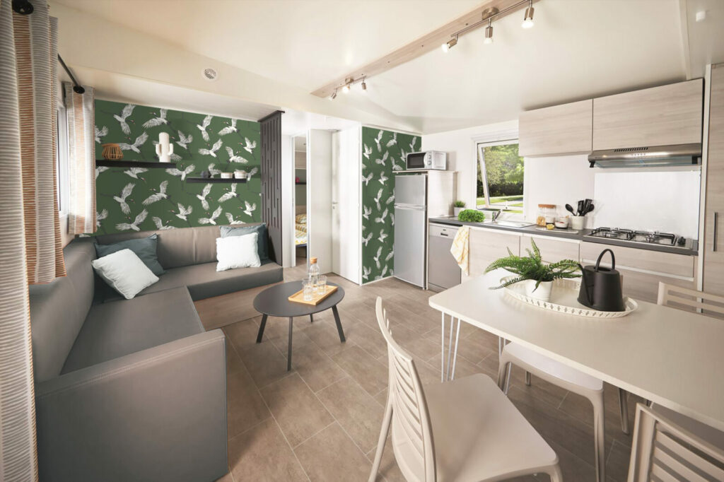 papier peint pré encollé grues japonisantes haut de gamme mobil home- vert kaki