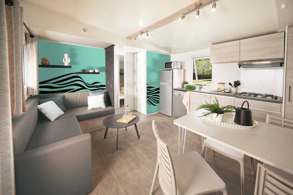 Papier peint à encoller panoramique tendance vagues personnalisée pas cher mobil home salle à manger vert