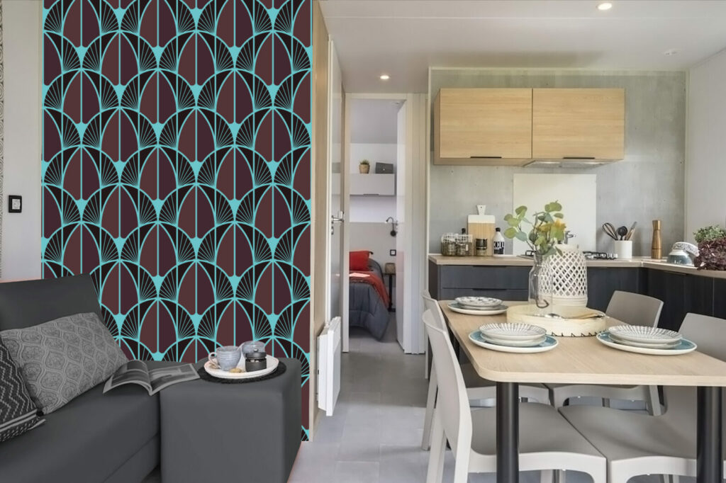 tapisserie pré encollée géométrique art déco pas cher mobil home turquoise