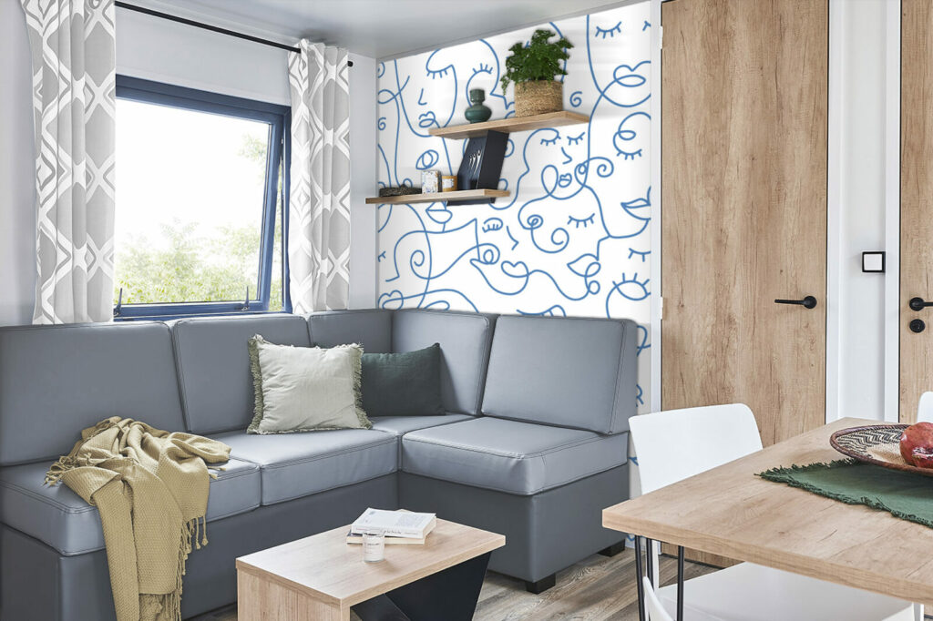 papier peint pré encollé motif portrait visage moderne abstrait mobil-home salle a manger bleu