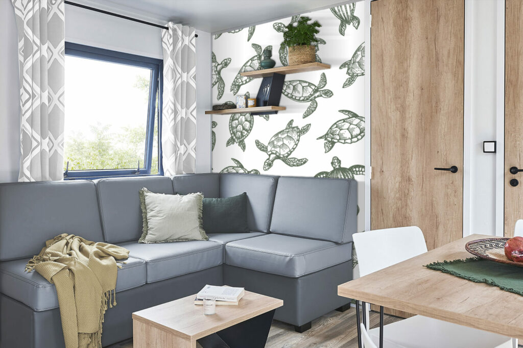 textile repositionnable motif tortue sur mesure pas cher salon mobil home- kaki