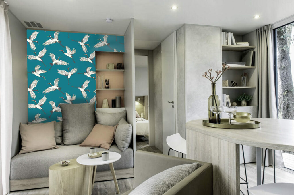 papier peint pré encollé grues japonisantes haut de gamme mobil home- turquoise