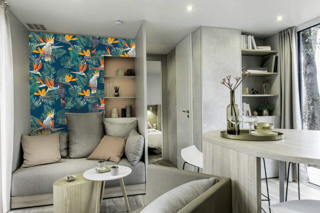 tapisserie autocollante motif design dense de perroquet tropicaux petit prix salon mobil home