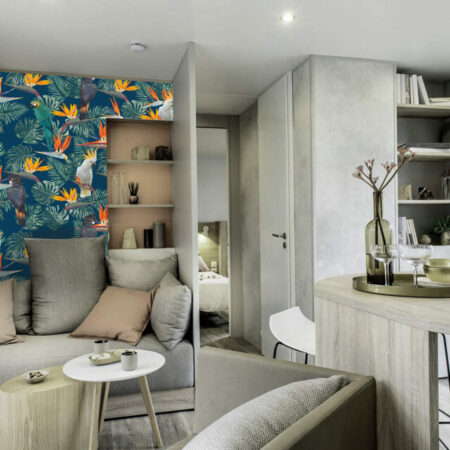 tapisserie autocollante motif design dense de perroquet tropicaux petit prix salon mobil home