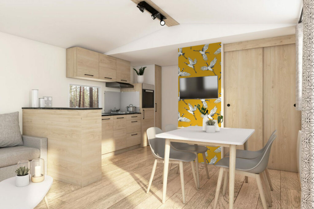 papier peint pré encollé grues japonisantes haut de gamme mobil home- jaune