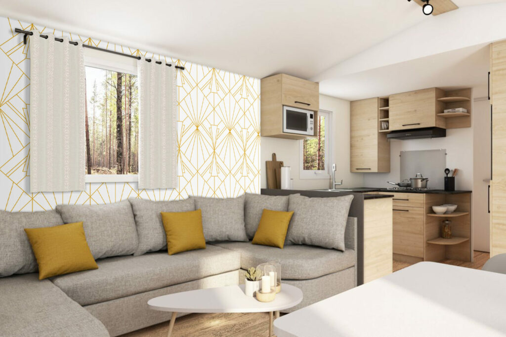 tapisserie murale géométrique tendance art déco pas cher - mobil home - chambre -jaune